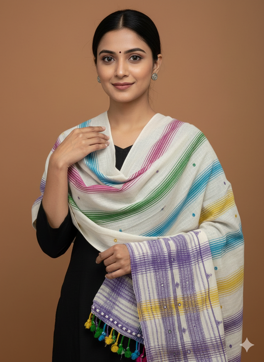 Rainbow Kutch Bhujodi Weaving Handloom Organic Kala Cotton Stole with Tassels with lavender border weaving