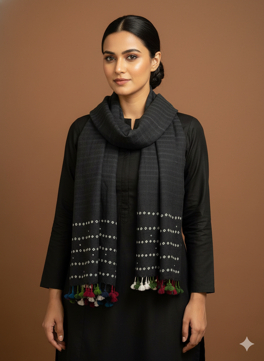 BLACK- KUTCH MIRROR WORK HANDWOVEN BANDHANI MERINO STOLE