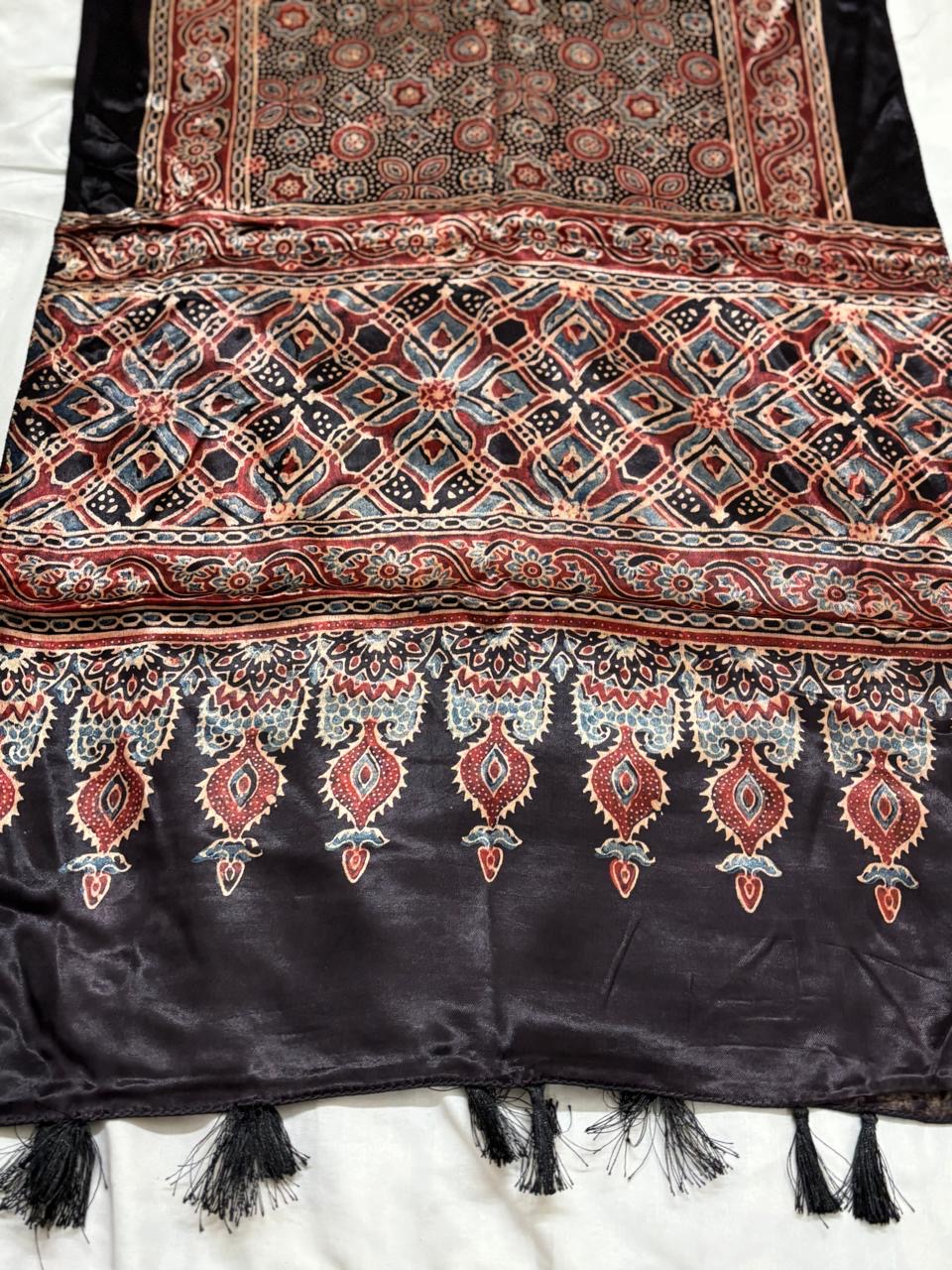 Black- Hand block Mashru Silk Ajrakh Stole 07
