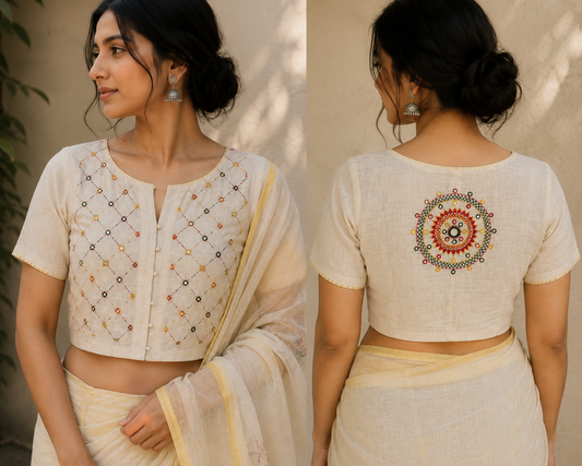 Off white KUTCH MIRROR WORK And heavy embroidered KALA COTTON BLOUSE
