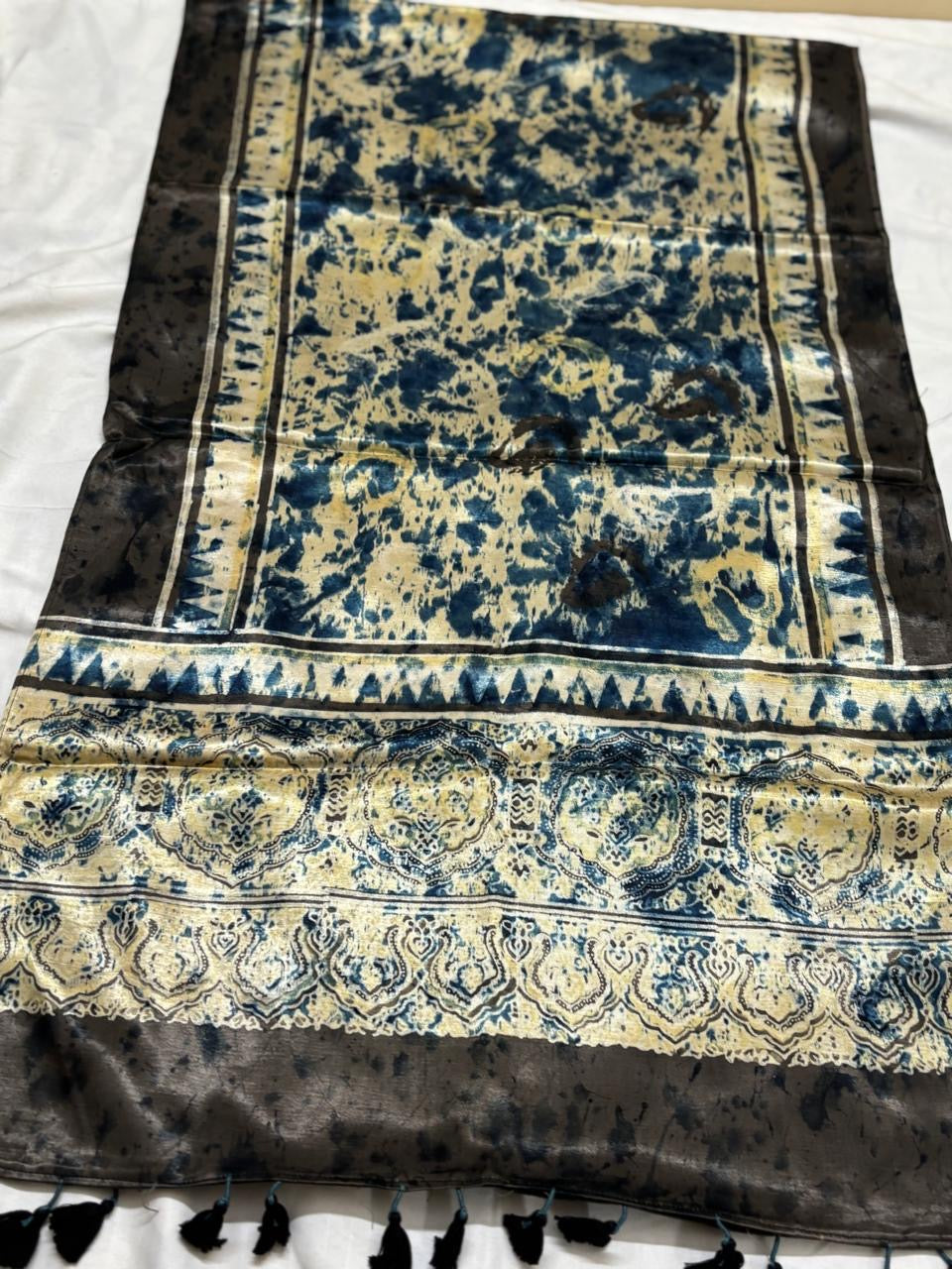 Beige  Hand block Mashru Silk Ajrakh Stole 12