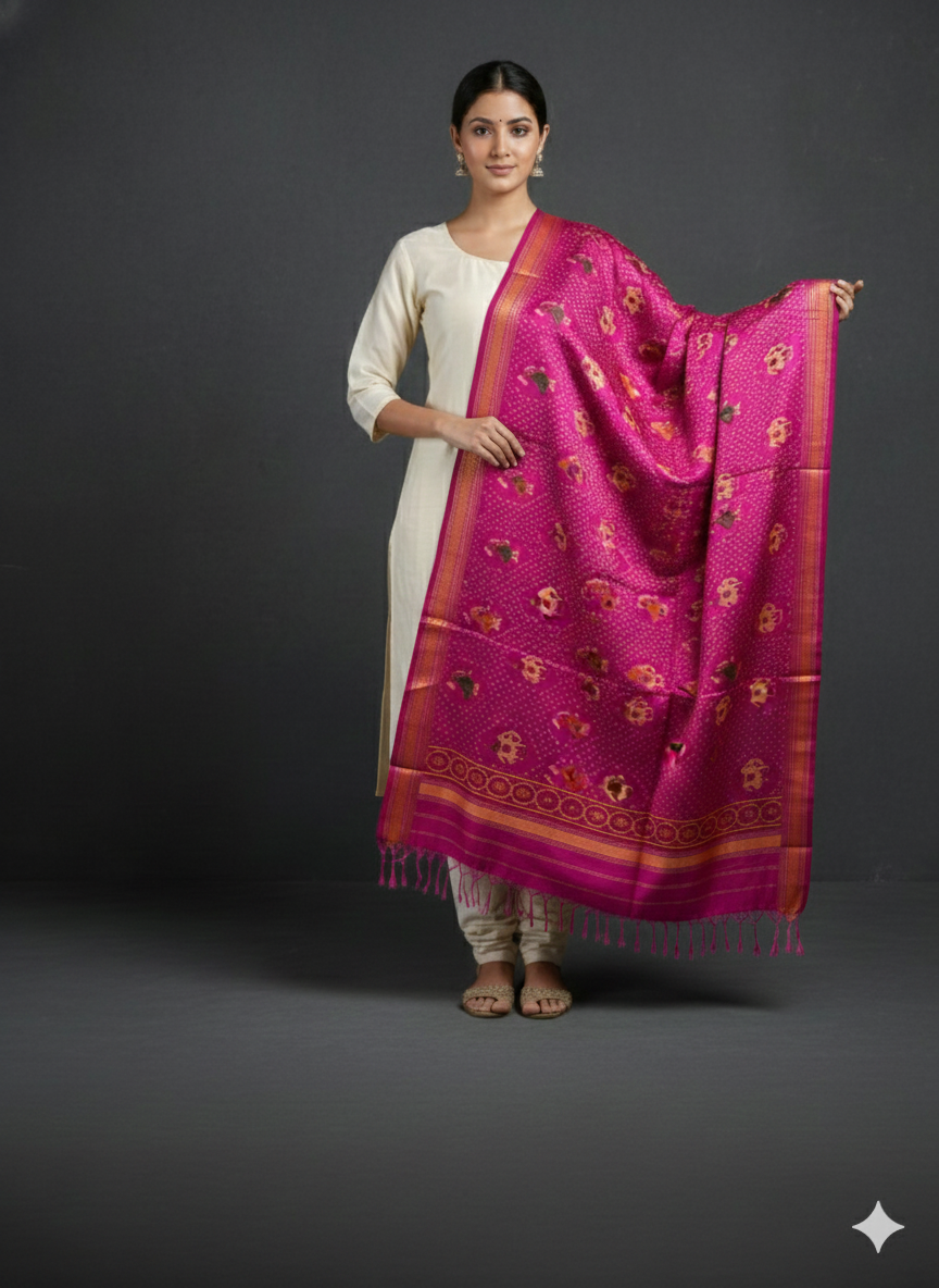 Pink handloom pure mulberry silk  Patola dupatta with hathi motif