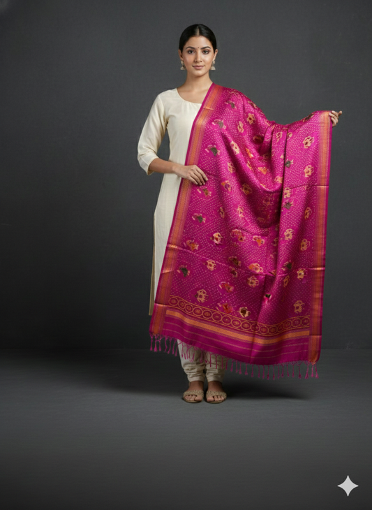 Pink handloom pure mulberry silk  Patola dupatta with hathi motif