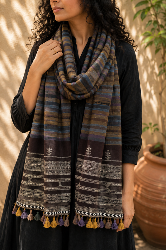 Kutch Bhujodi Weaving Handloom Organic Kala Cotton Stole with Tassels