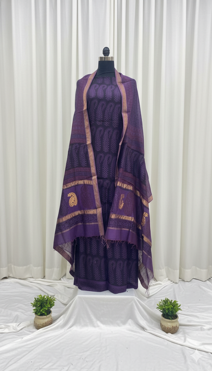 Purple - 3pc Chanderi Silk Bagh handblock Dress Material