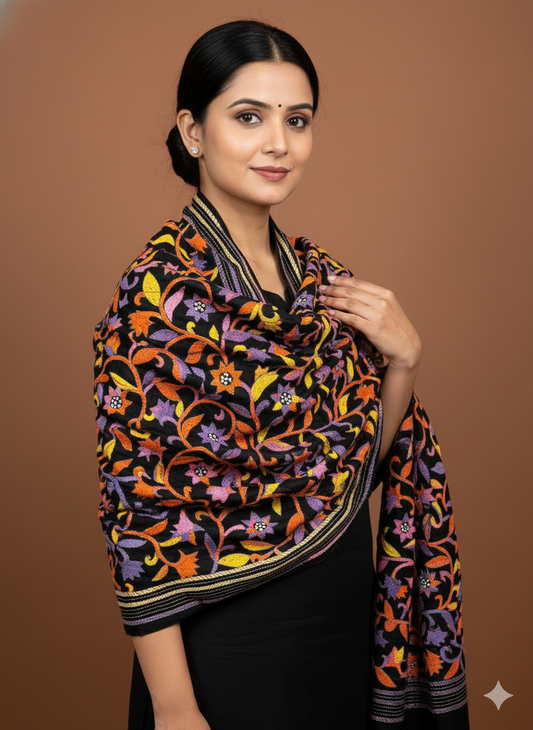 Multicolor - Bengal Kantha Embroidery Handloom Tussar Silk Stole