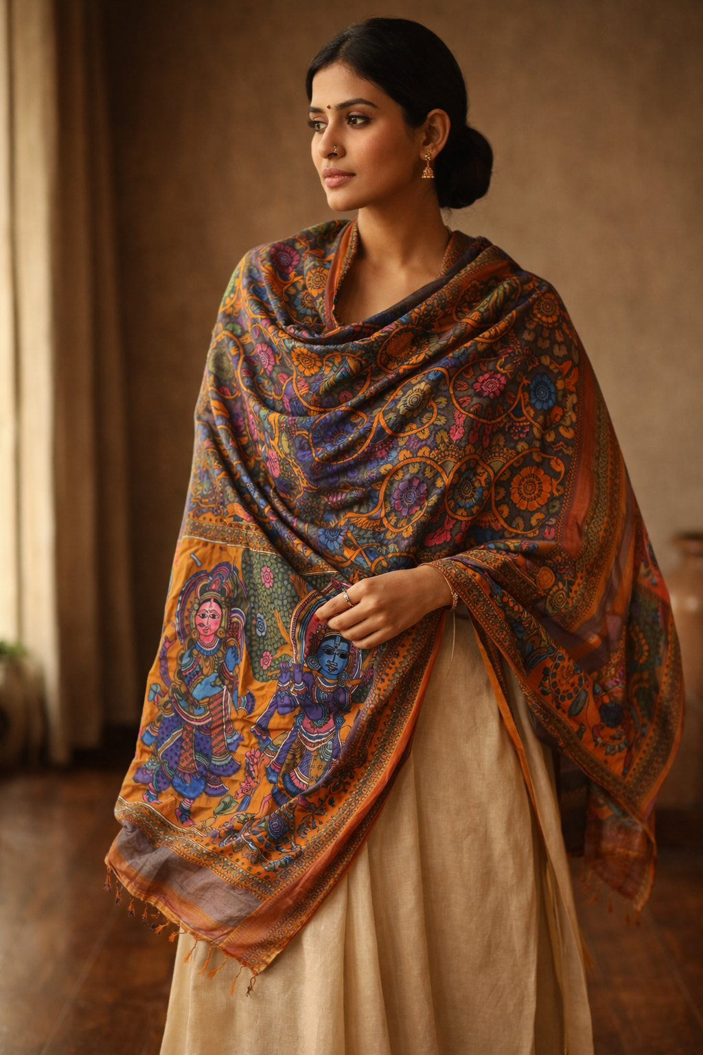Silk Srikalahasti Handpainted Pen Kalamkari Dupatta 16