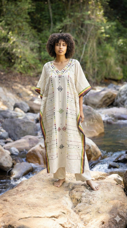 White - Kala cotton Bhujodi Weave Kaftan