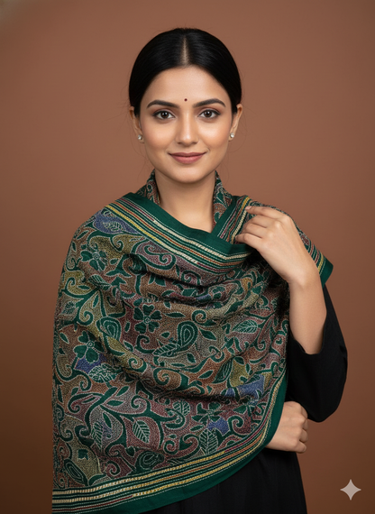 Green  - Bengal Kantha Embroidery Handloom Tussar Silk Stole