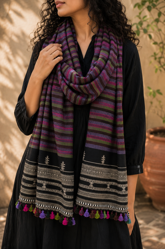 Kutch Bhujodi Weaving Handloom Organic Kala Cotton Stole with Tassels