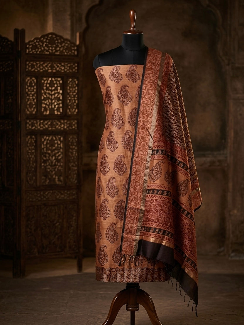 3pc Maheshwari Silk Bagh handblock Dress Material