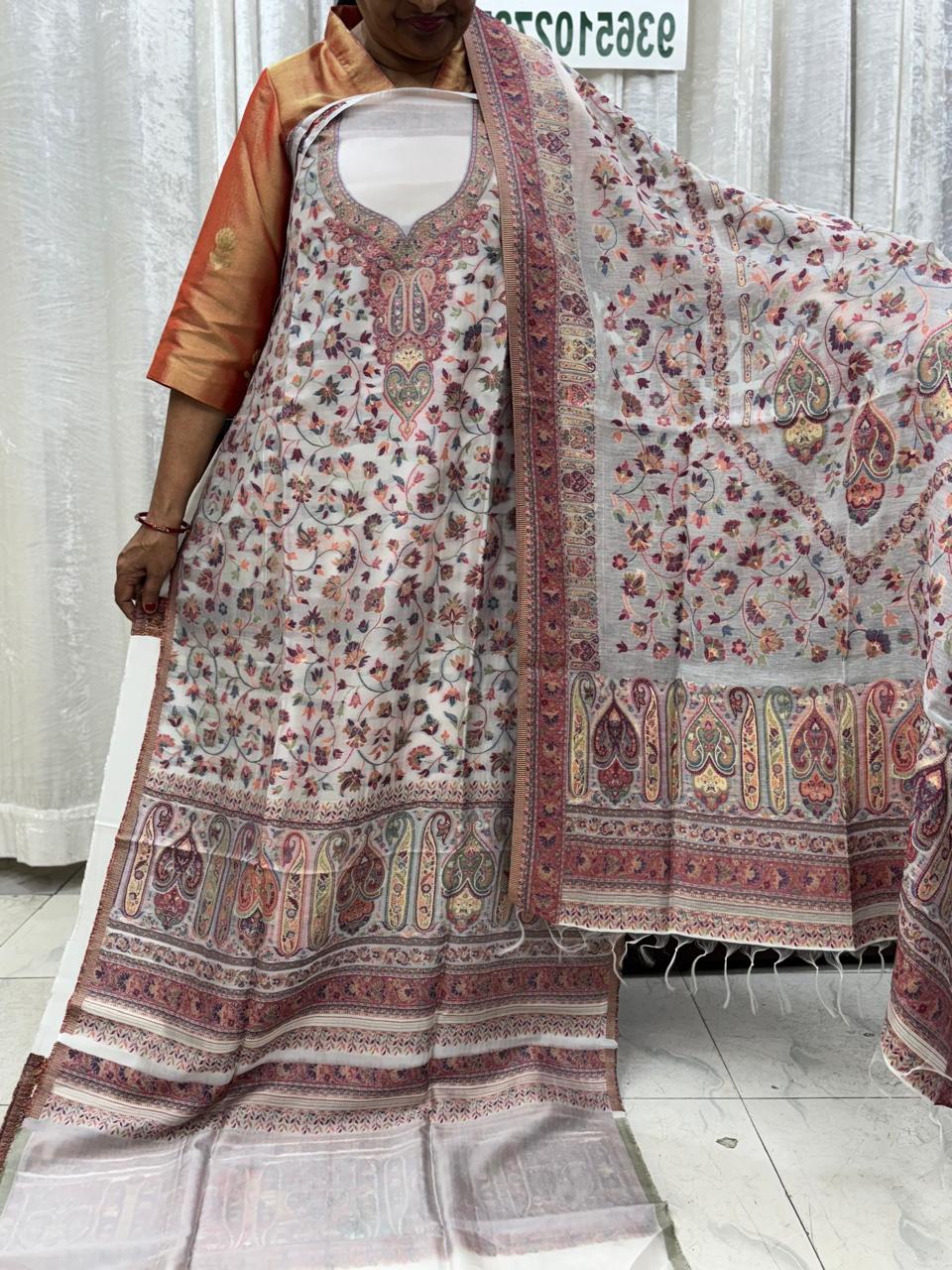 Ivory white Kashmiri Kani Silk Suit Set 02