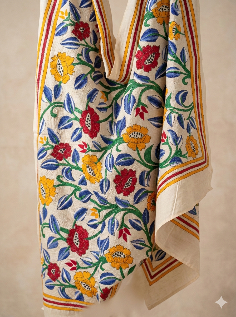 White - Bengal Kantha Embroidery Handloom Tussar Silk Stole