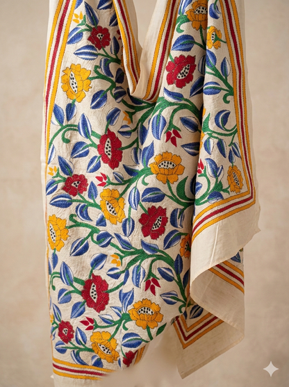 White - Bengal Kantha Embroidery Handloom Tussar Silk Stole