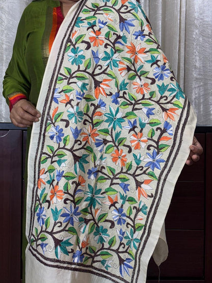 White - Bengal Kantha Embroidery Handloom Tussar Silk Stole