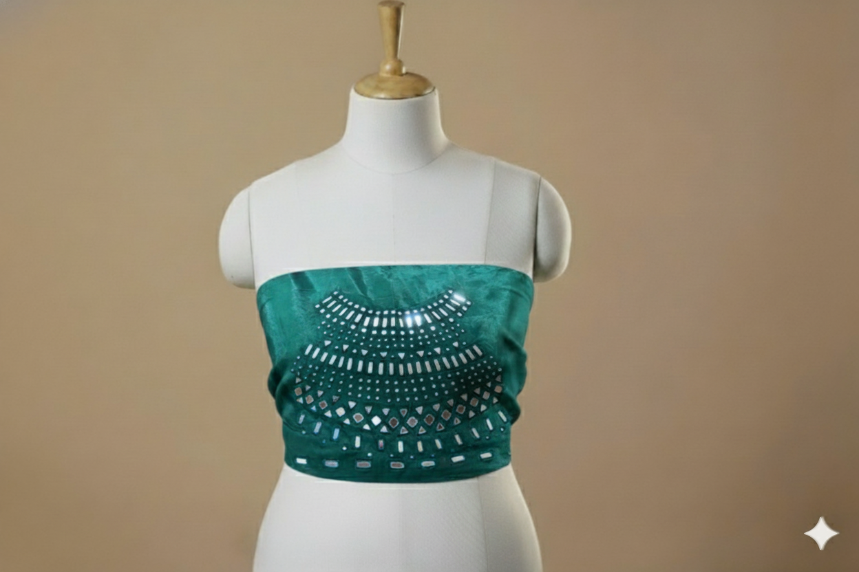 HAND EMBROIDERY KUTCH MIRROR WORK MASHRU SILK BLOUSE PIECE