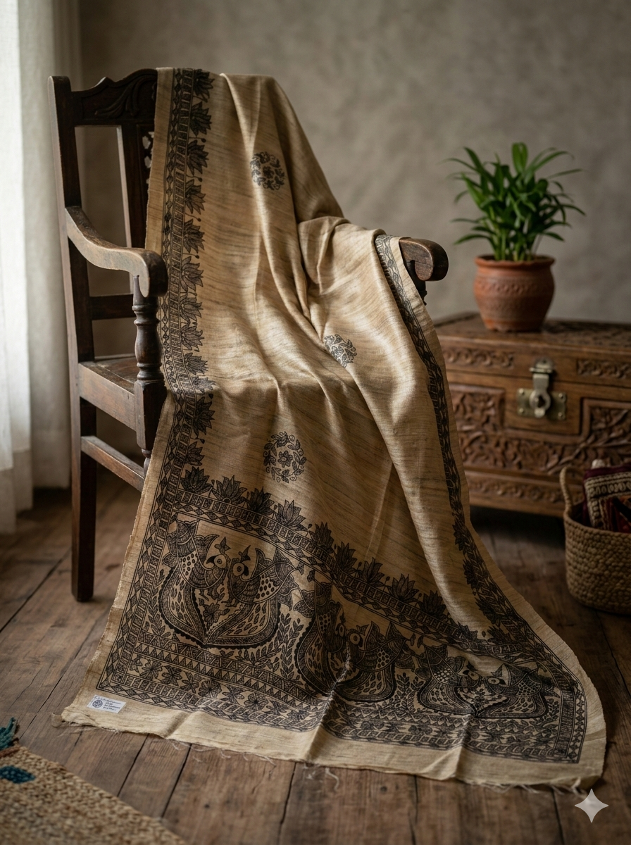 Handwoven Tussar Hand Painted Madhubani Dupatta