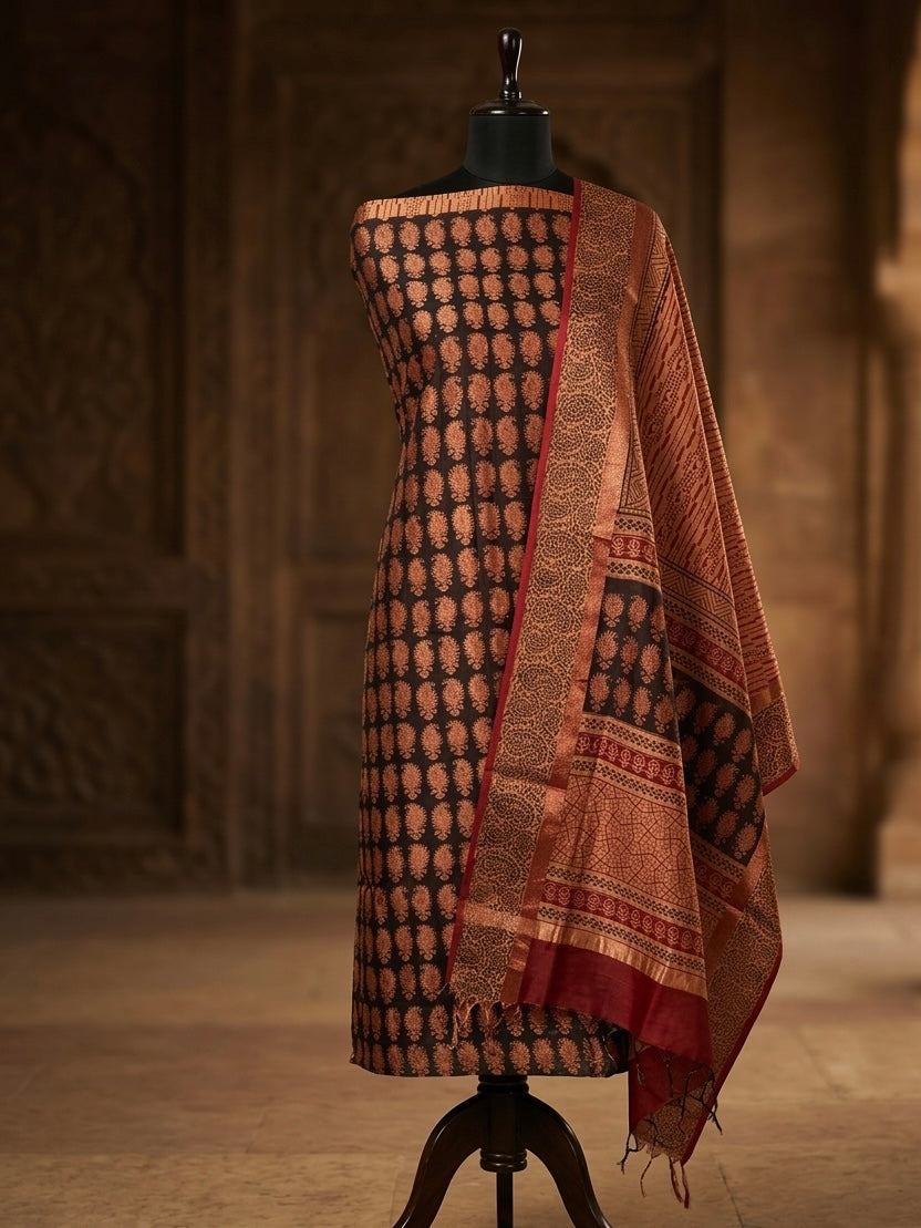 3pc Maheshwari Silk Bagh handblock Dress Material