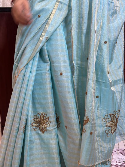 HANDLOOM MAHESHWARI SILK TISSUE ZARI STRIPES SAREE WITH ZARDOSI WORK