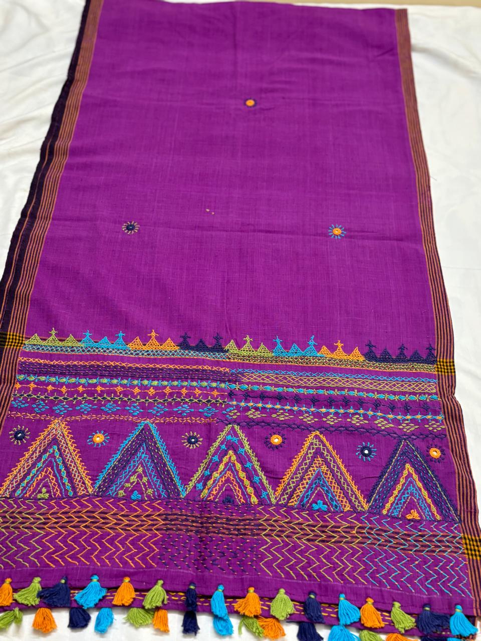 Wine Handcrafted Lambani Khadi Cotton Stole with Multicolor Embroidery and Mirror Work