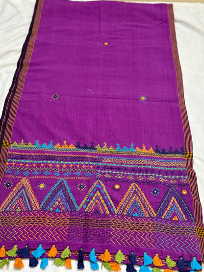 Wine Handcrafted Lambani Khadi Cotton Stole with Multicolor Embroidery and Mirror Work
