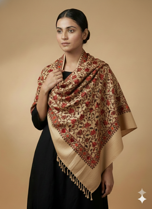 Kashmiri Aari embroidered semi  pashmina stole
