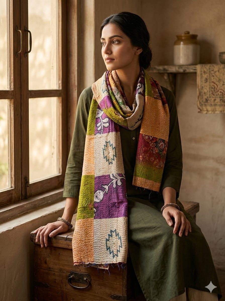 MULTICOLOR - PATCHWORK REVERSIBLE SILK BENGAL HAND KANTHA STITCH STOLE