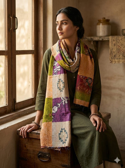 MULTICOLOR - PATCHWORK REVERSIBLE SILK BENGAL HAND KANTHA STITCH STOLE