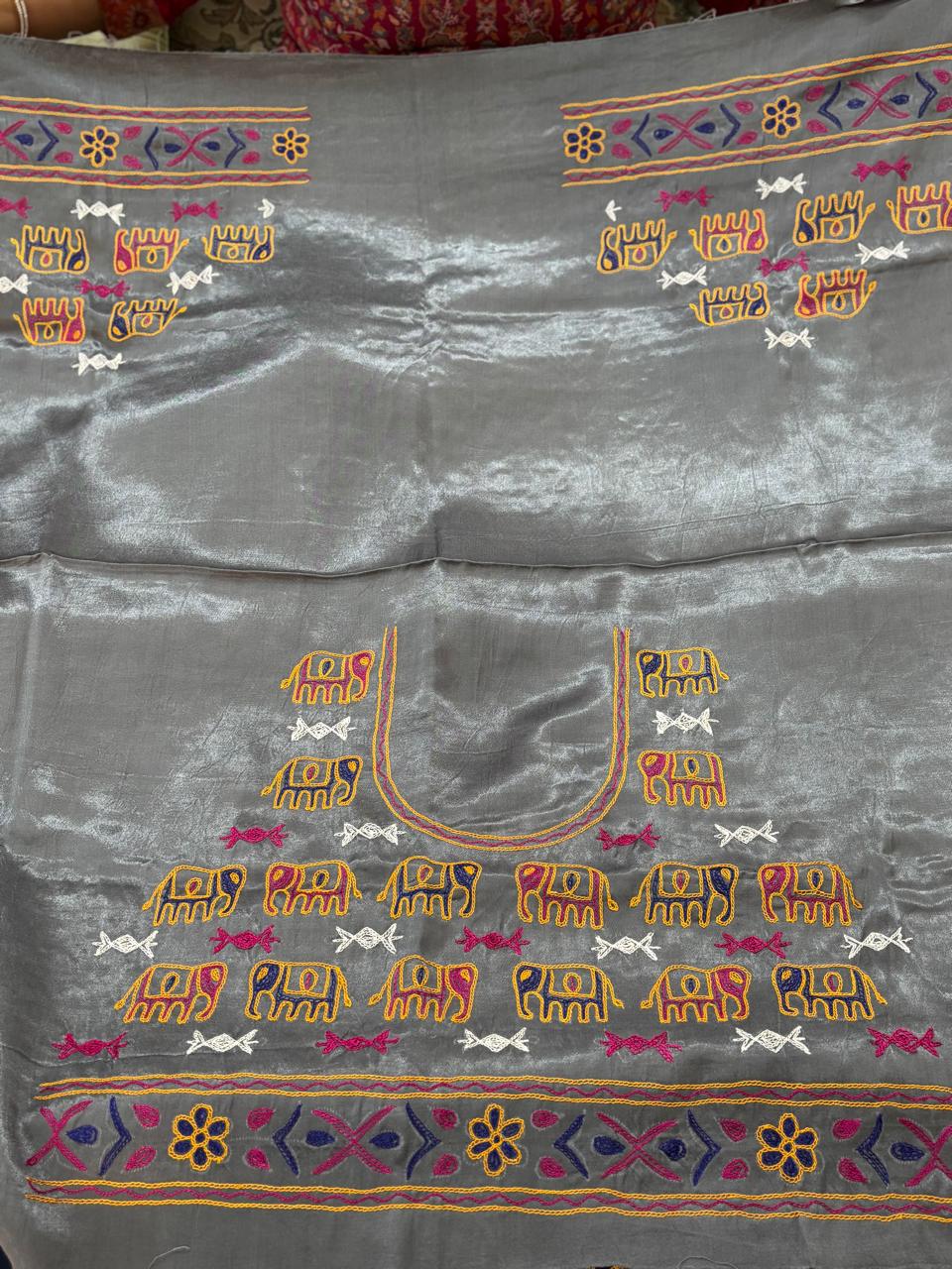 AHIR HAND EMBROIDERY KUTCH MIRROR WORK MASHRU SILK BLOUSE PIECE