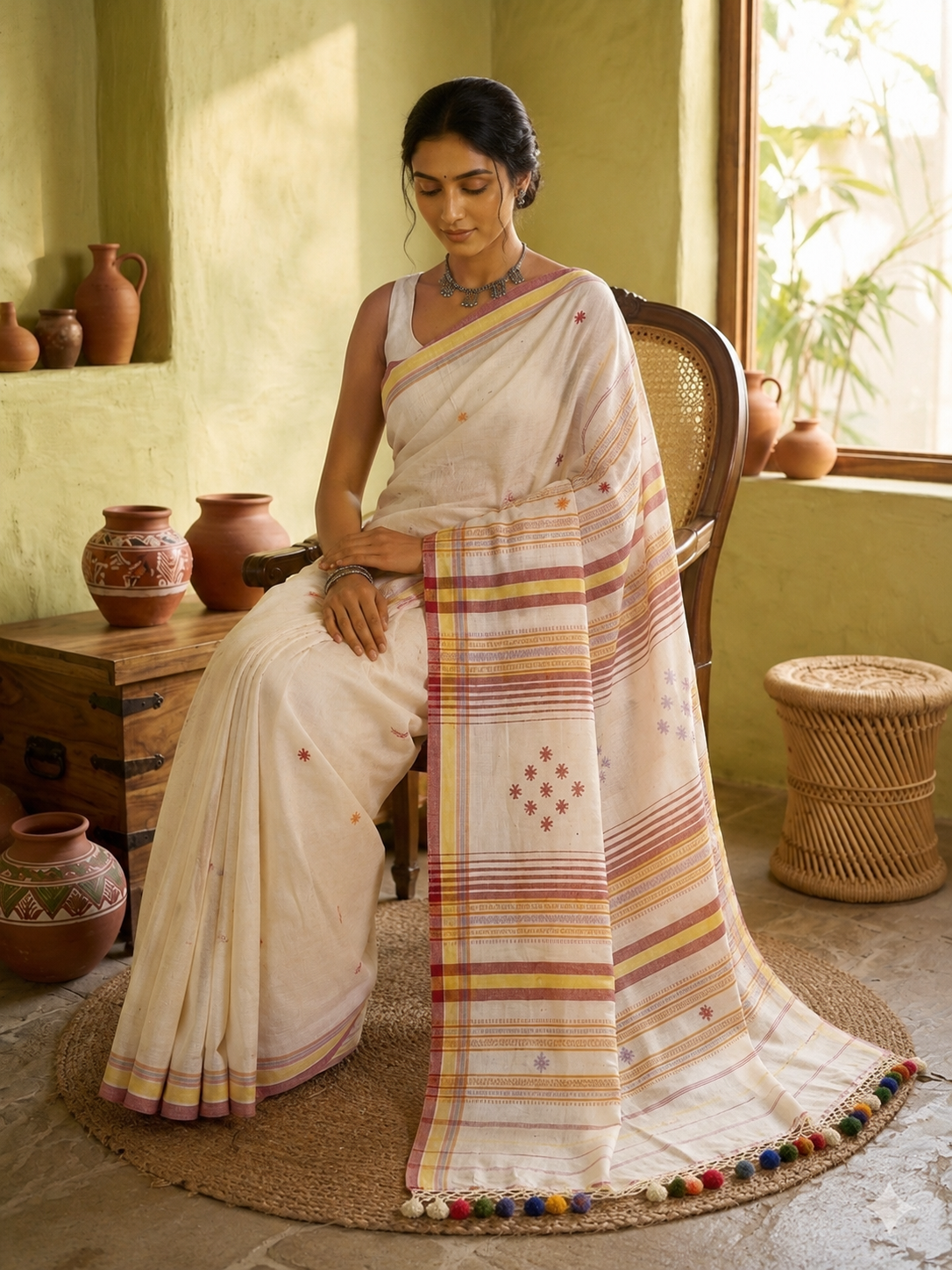 WHITE- ORGANIC KALA COTTON BHUJODI HANDLOOM SAREE