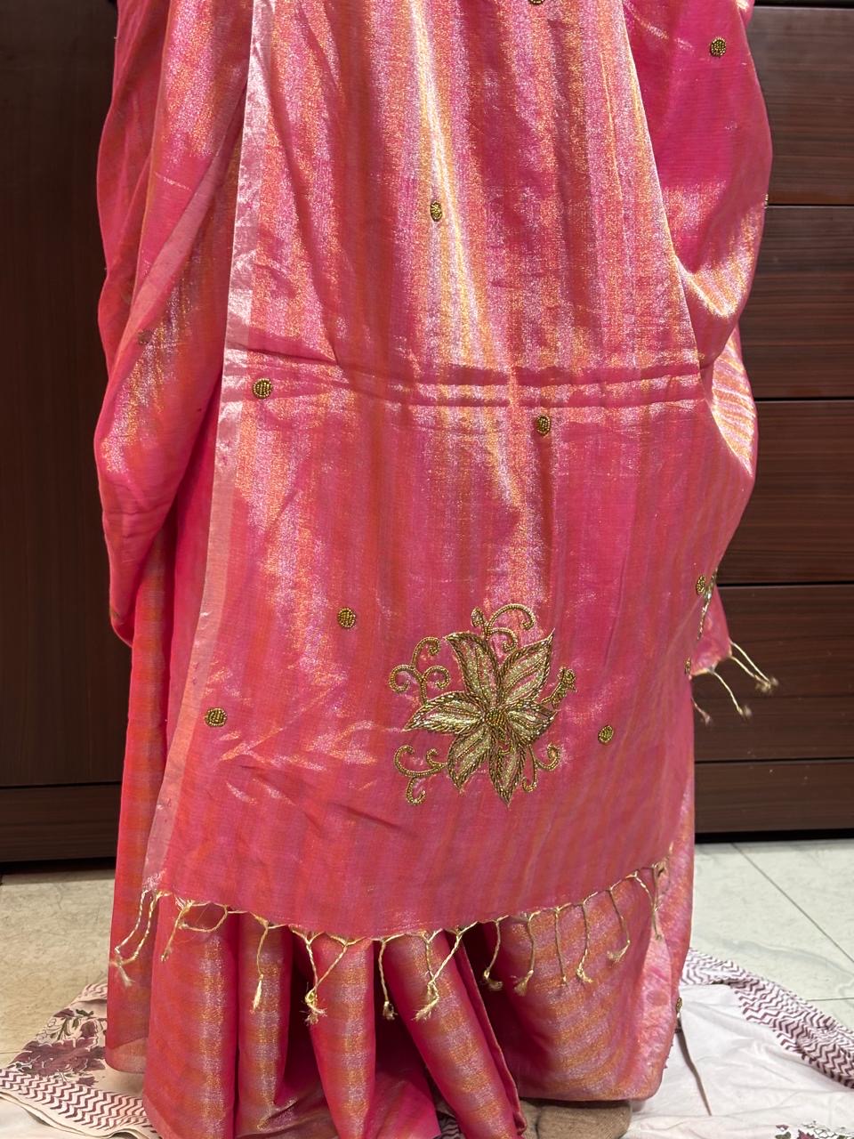 HANDLOOM MAHESHWARI SILK TISSUE ZARI STRIPES SAREE WITH ZARDOSI WORK