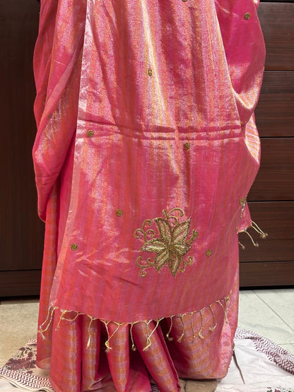HANDLOOM MAHESHWARI SILK TISSUE ZARI STRIPES SAREE WITH ZARDOSI WORK