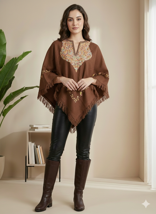 Kashmiri Aari Embroidered Woollen Poncho – | Handcrafted Heritage