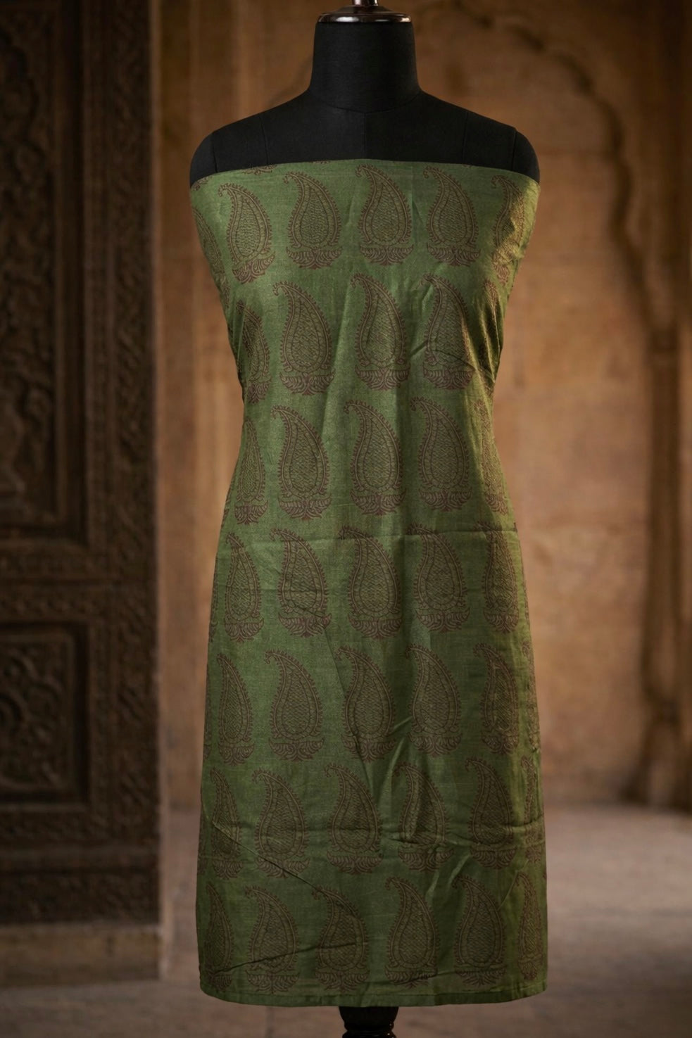 Mehndi green - 3pc Maheshwari Silk Bagh handblock Dress Material