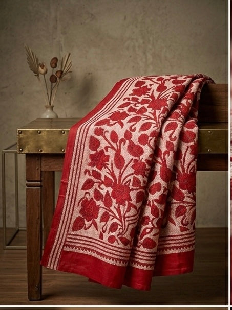 Red - BENGAL HAND EMBROIDERY BANGALORE SILK HANDLOOM KANTHA SAREE