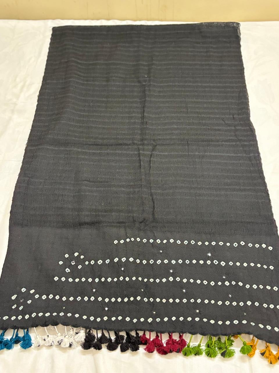 BLACK- KUTCH MIRROR WORK HANDWOVEN BANDHANI MERINO STOLE