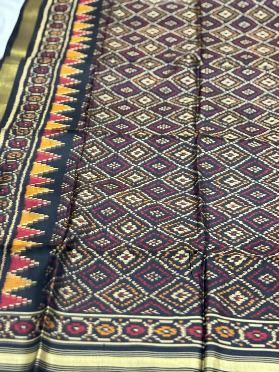 Black handloom pure mulberry silk  Patola dupatta with hathi motif