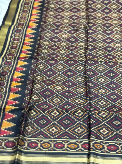 Black handloom pure mulberry silk  Patola dupatta with hathi motif