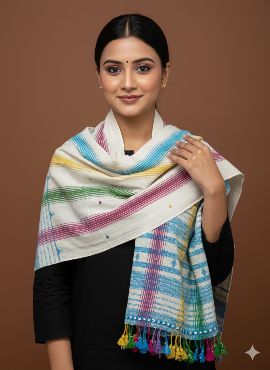 Rainbow Kutch Bhujodi Weaving Handloom Organic Kala Cotton Stole with Tassels with blue border weaving