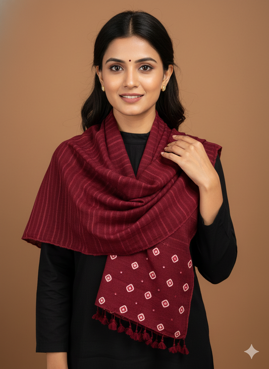 MAROON - KUTCH MIRROR WORK HANDWOVEN BANDHANI MERINO STOLE