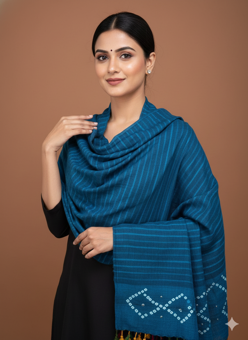 BLUE- KUTCH MIRROR WORK HANDWOVEN BANDHANI MERINO STOLE