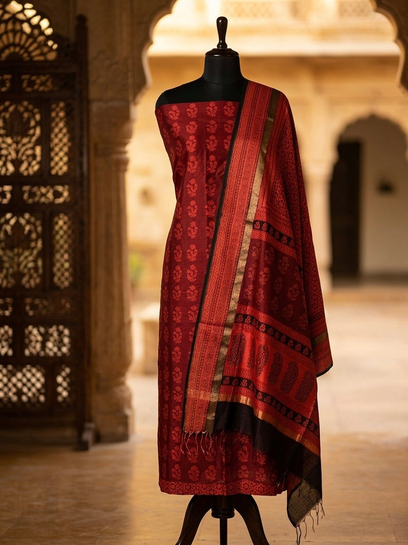 3pc Maheshwari Silk Bagh handblock Dress Material