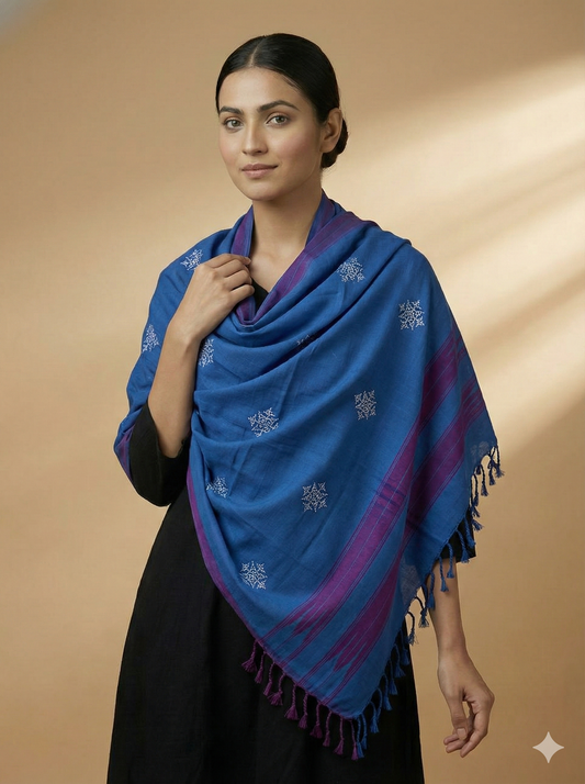 Blue Ilkal Cotton Silk w. Kasuti Stole