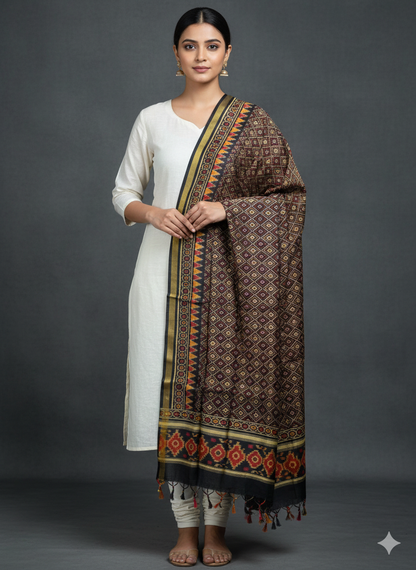 Black handloom pure mulberry silk  Patola dupatta with hathi motif