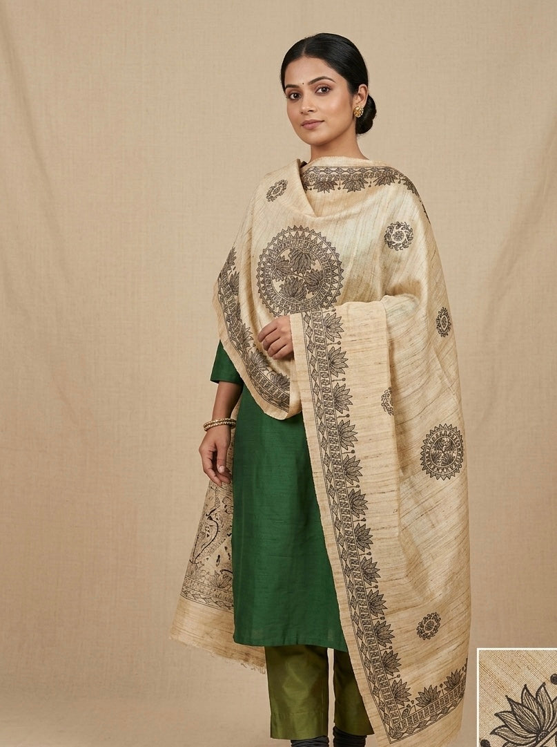 Handwoven Tussar Hand Painted Madhubani Dupatta