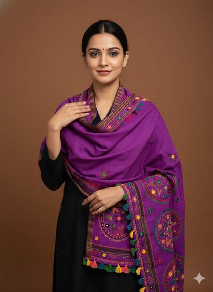 Wine - Handcrafted Lambani Khadi Cotton Stole with Multicolor Embroidery and Mirror Work