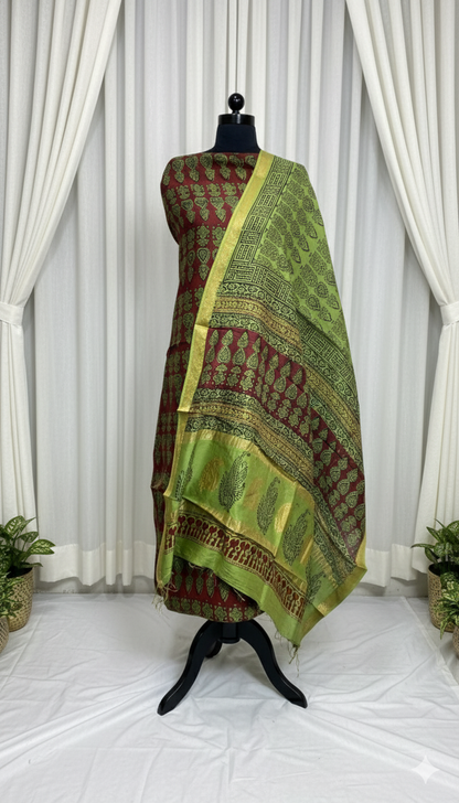 Mehndi green -3pc Chanderi Silk Bagh handblock Dress Material