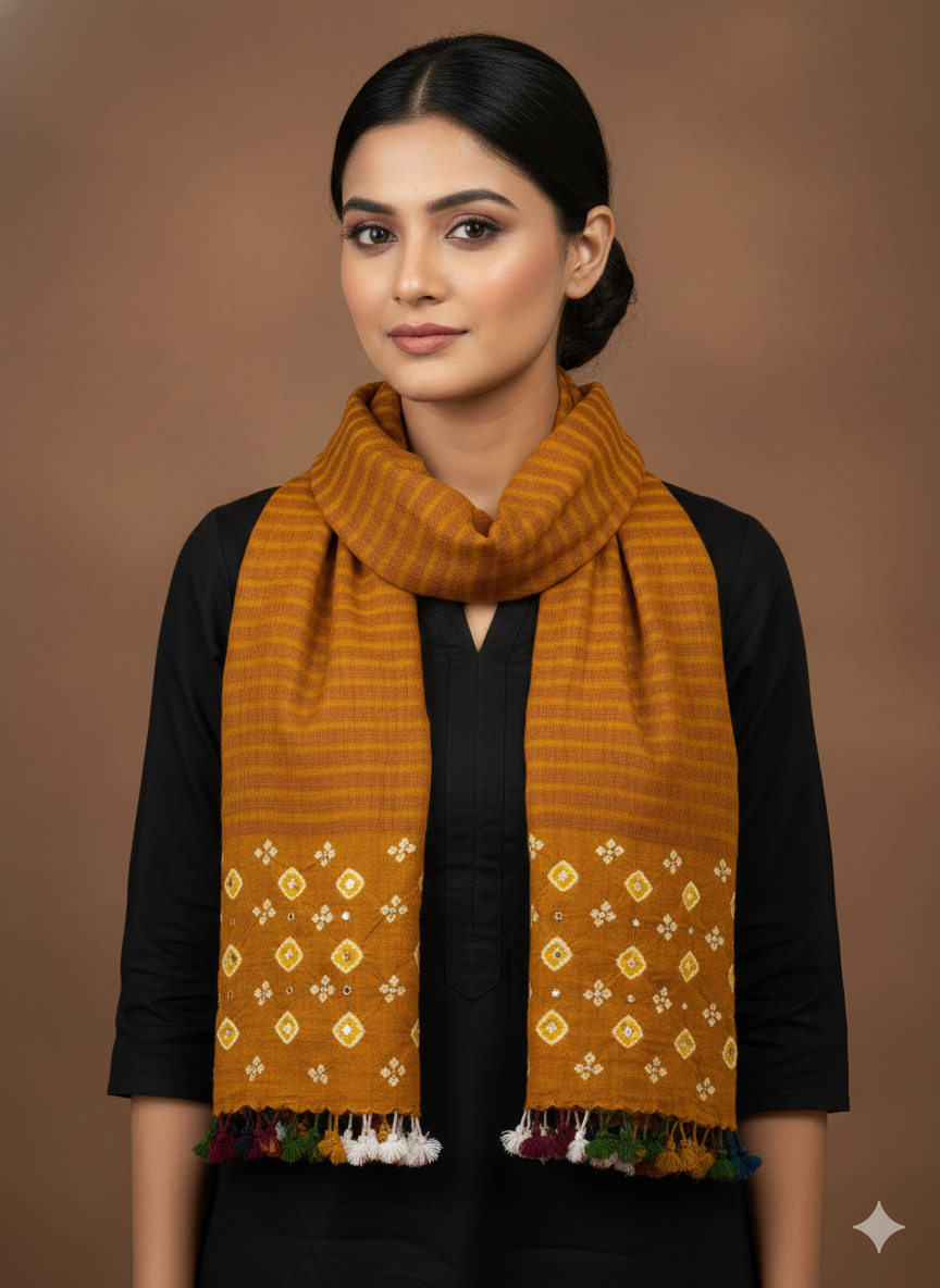 MUSTARD KUTCH MIRROR WORK HANDWOVEN BANDHANI MERINO STOLE