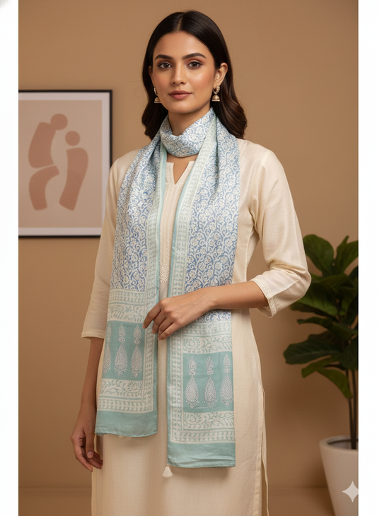 Sea Green - Bagh Hand Block Modal Silk  Stole