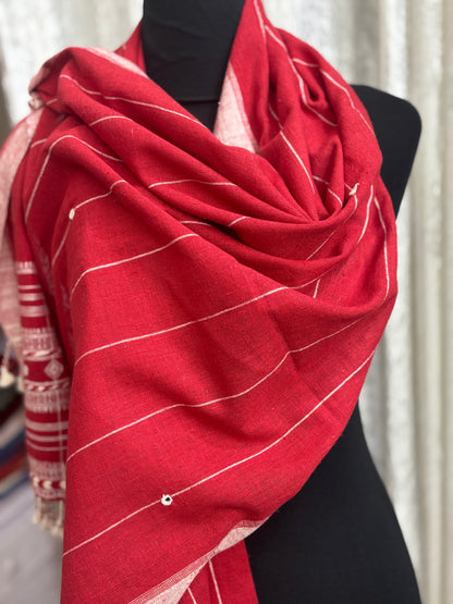 Red Kutch Bhujodi Weaving Handloom Organic Kala Cotton Stole with Tassels 1